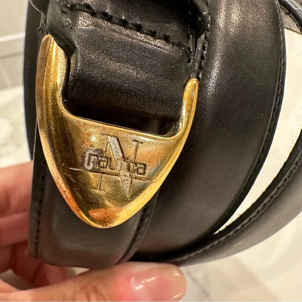 Nautica Mens Black Smooth Leather Adjustable Logo Belt Size 40 Career Business
